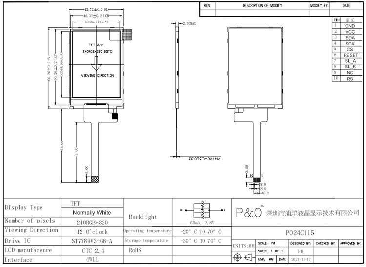 Polcd RoHS 2,4-calowy wyświetlacz LCD Tft ST7789V3 Moduł TFT LCD 4-przewodowy SPI