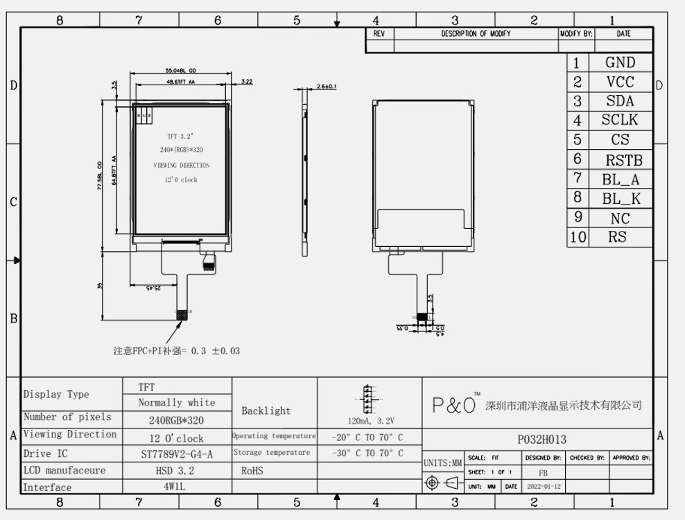 Polcd ST7789V 3,2-calowy kolorowy wyświetlacz TFT LCD 262 tys. TFT LCD 48,6 mm 12 0'CLOCK