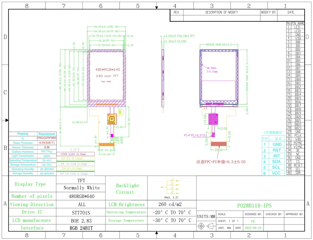 Polcd 2,8 cala 480*640 Rozdzielczość interfejs RGB Panel dotykowy ST7701S LCD TFT Display Module