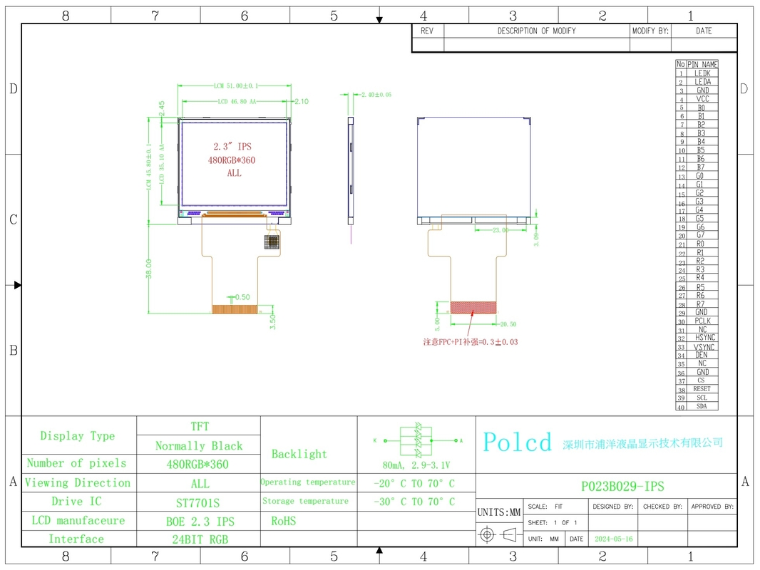 Polcd Square TFT Screen 2,31 cala LCD Moduł 480*360 IPS Kąt widzenia 40 pin LCD Display