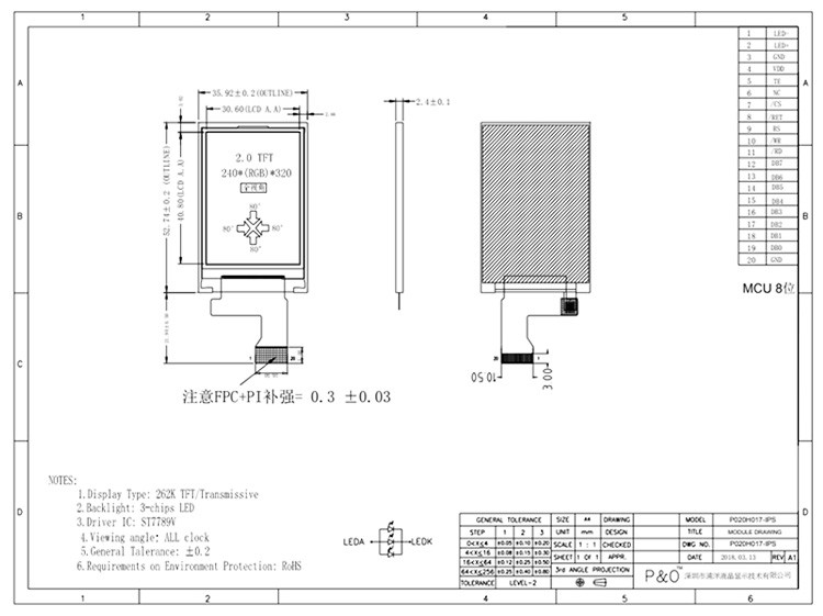 Polcd 262K 2,4 mm 2-calowy ekran LCD ST7789V IPS TFT Wyświetlacz LCD 240X320