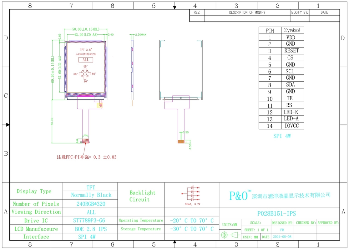 Polcd Producent 2,8 cala macierzy 240x320 TFT Display 20 Pin FPC LCM ST7789 Moduł LCD