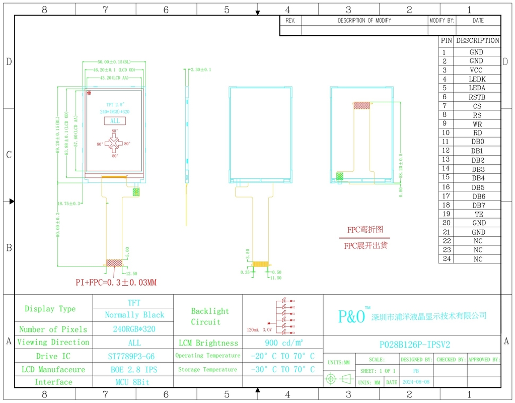 Polcd 2,8-calowy ekran LCD 240x320 MCU Interfejs szeroki kąt widzenia TFT Transflekcyjny moduł LCD z ST7789P3-G6