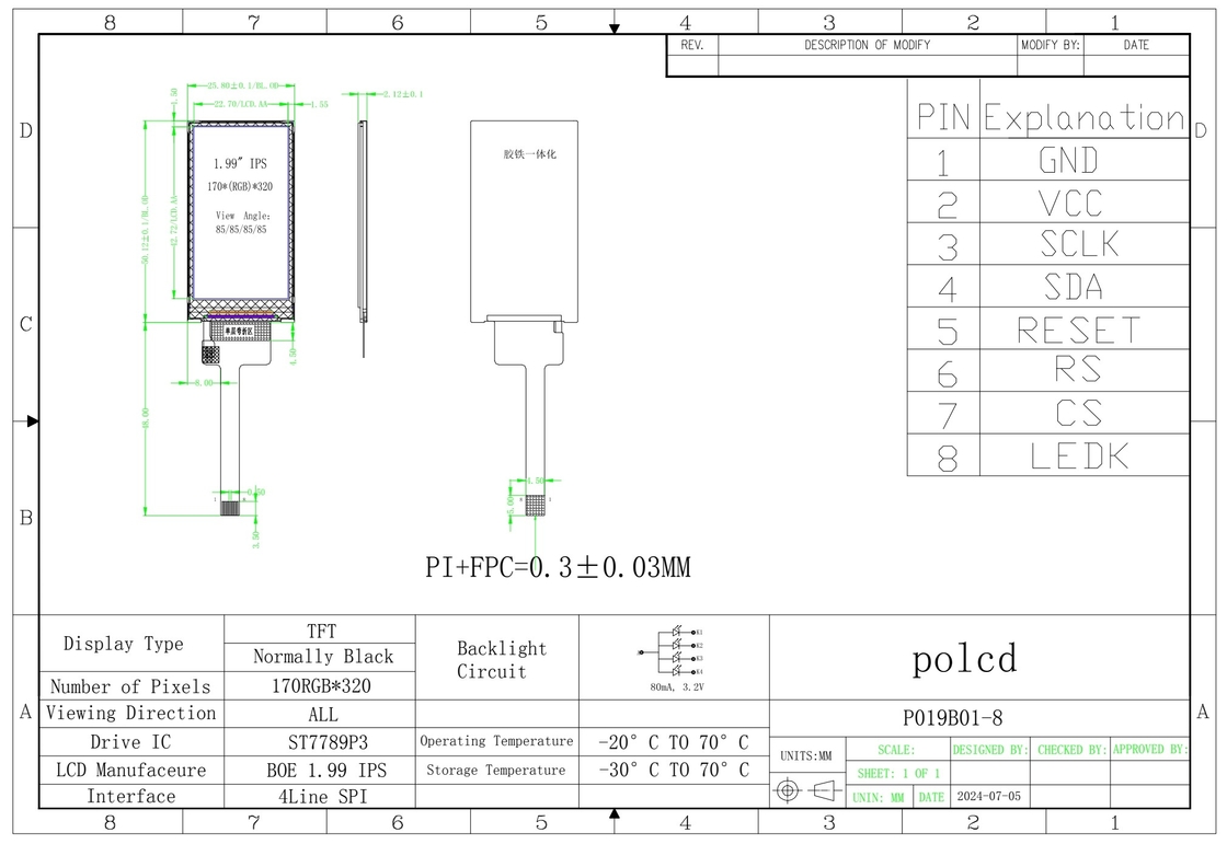 Polcd 1,9 cala 170*320 ST7789P3-G6 SPI Bar TFT LCD Module Screen 8 Pin IPS Vertical LCM Display