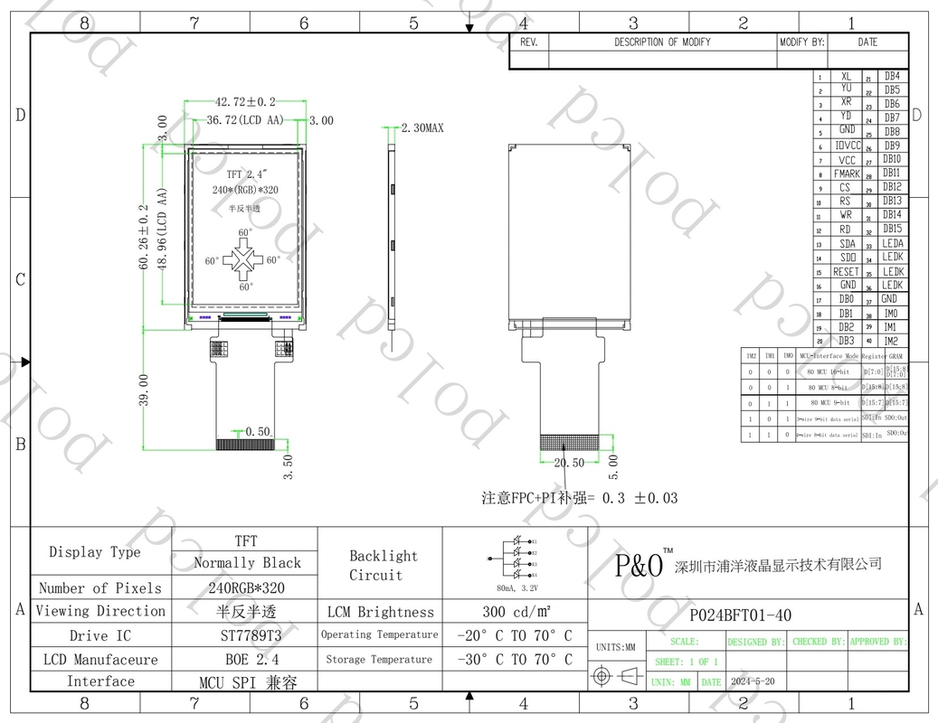 Polcd Full Color LCD Display Transflekcyjny 2,4 cala TFT SPI MCU 20 pin Qvga 240x320 TFT LCD