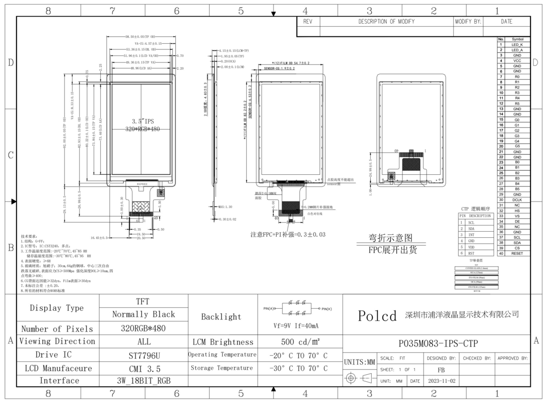 Polcd Custom LCD Display 3,5 cali 320x480 40pin IPS Angle 500nit ST7796U Pojemny ekran dotykowy