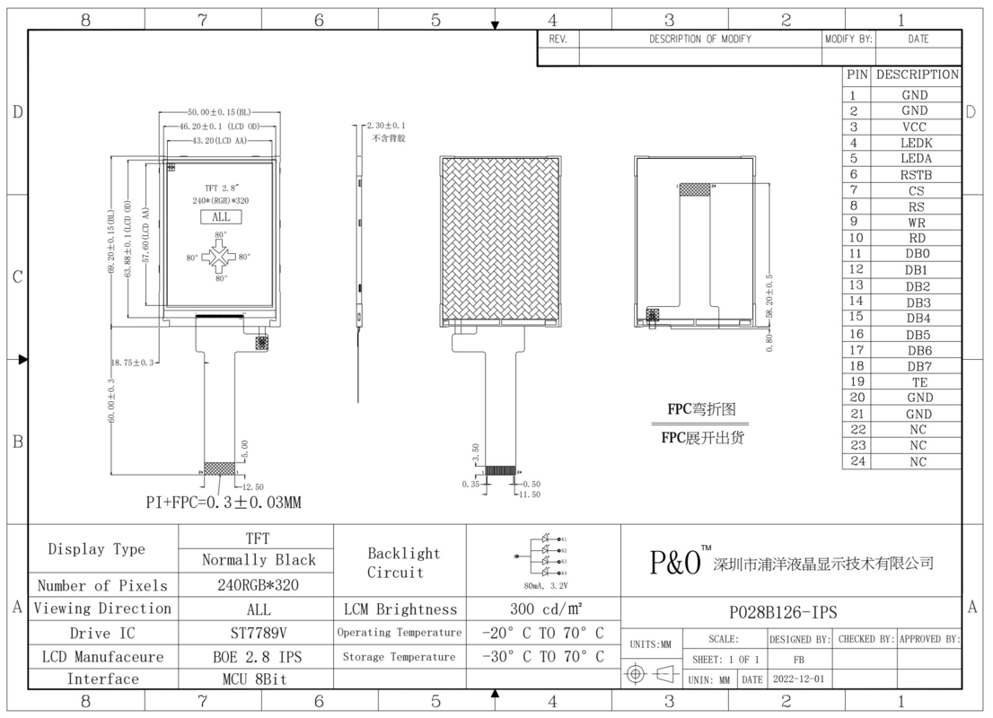 Polcd 2,8 cali Moduł LCM 240x320 Rozdzielczość MCU Interfejs ST7789V 24pin IPS TFT LCD Display