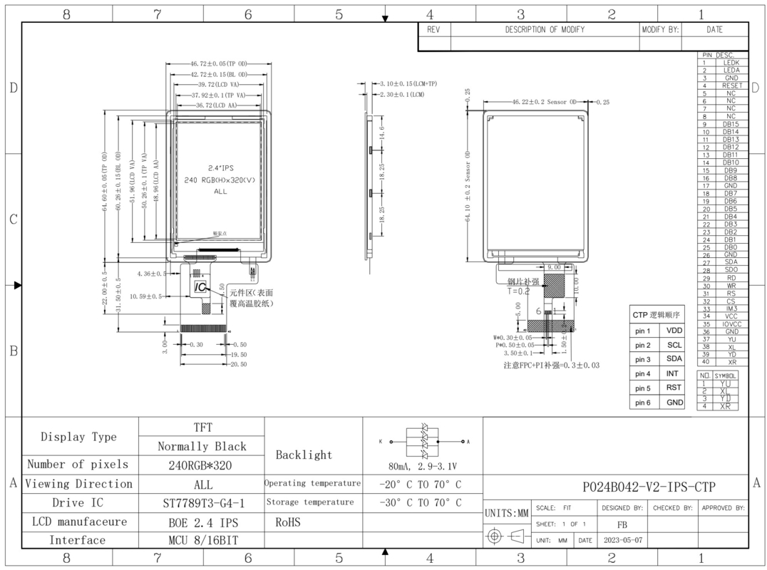 Polcd ST7789V napęd IC 2,4 cali LCD Display 240x320 TFT Moduł kolorowy ekranu LCD z TP