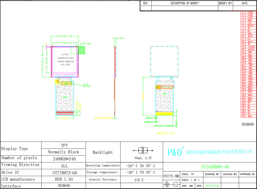 Polcd 1,54 Inch IPS TN Micro TFT LCD Module z LED Backlight 240x240 ST7789T3 Driver IC LCD Display Screen