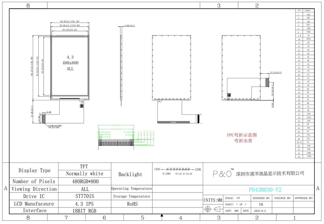 Polcd Custom 4,3-calowy ekran TFT 480x800 rozdzielczość IPS pełny kąt widzenia 45 pin 4,3-calowy moduł LCD