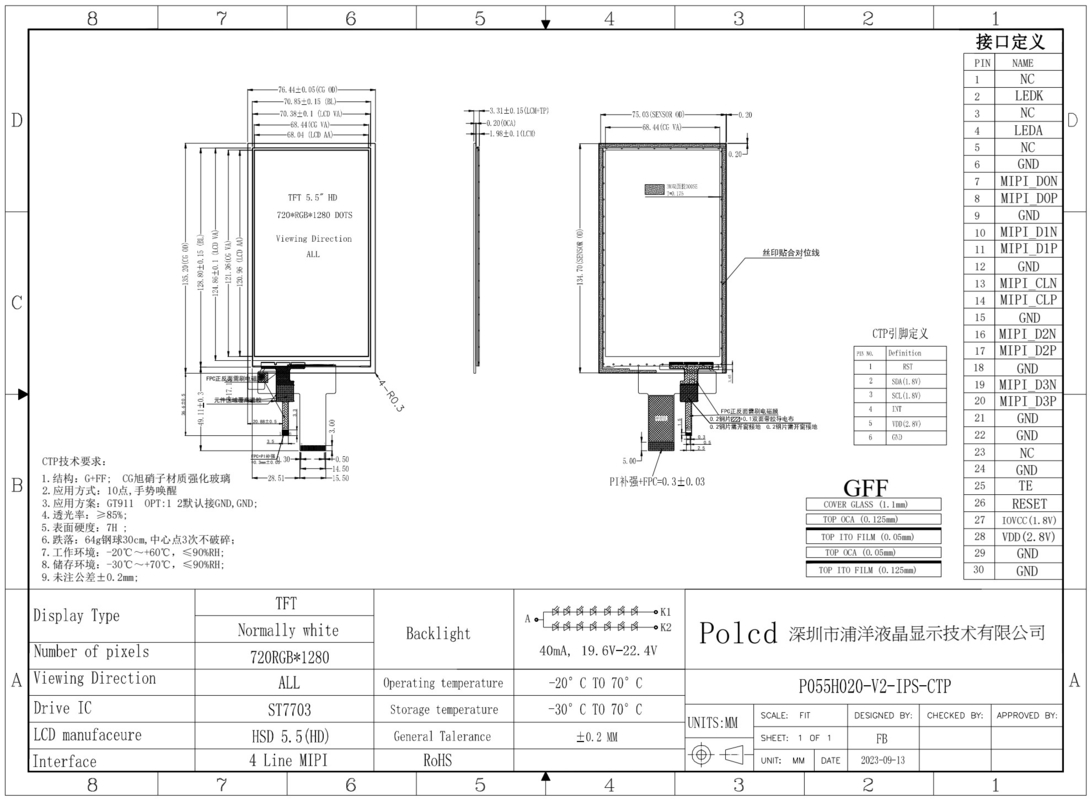 Polcd 5,5 cala IPS TFT LCD 720x1280 pełny kąt widzenia z interfejsem MIPI LCD Display Module
