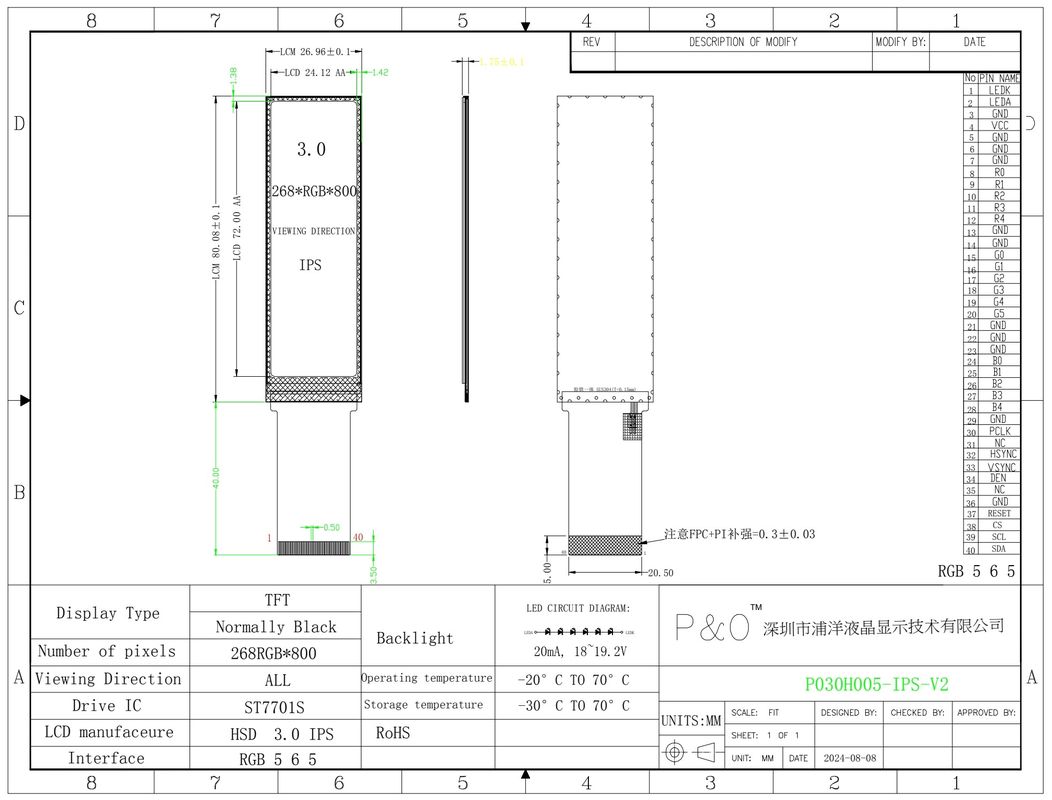 Polcd Mały wyświetlacz TFT-LCD 3,0 cali 268*800 RGB Interfejs Przemysłowy IPS Moduł LCD All View Angle