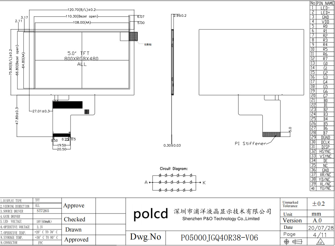 Polcd 5 Inch TFT LCD 800x480 500nits Jasność RGB 24 bit Interfejs Moduł ekranu IPS