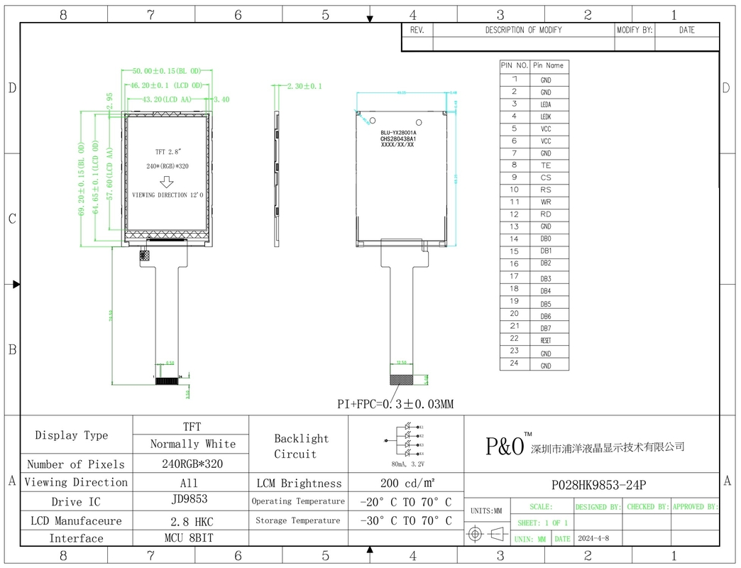 Polcd 2.8 Inch 240*320 Rozstrzygnięcie 50pin Tft Moduł wyświetlania ekranu LCD 2.8