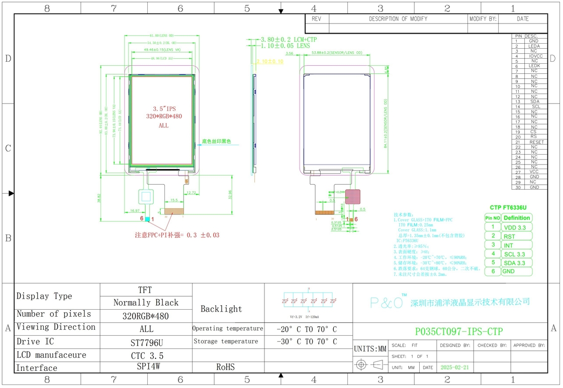 Polcd Wysoki współczynnik kontrastu Ekran LCD 3,5 cali Wysoka jasność 320x480 Pojemnościowy panel dotykowy Ekran Tft LCD