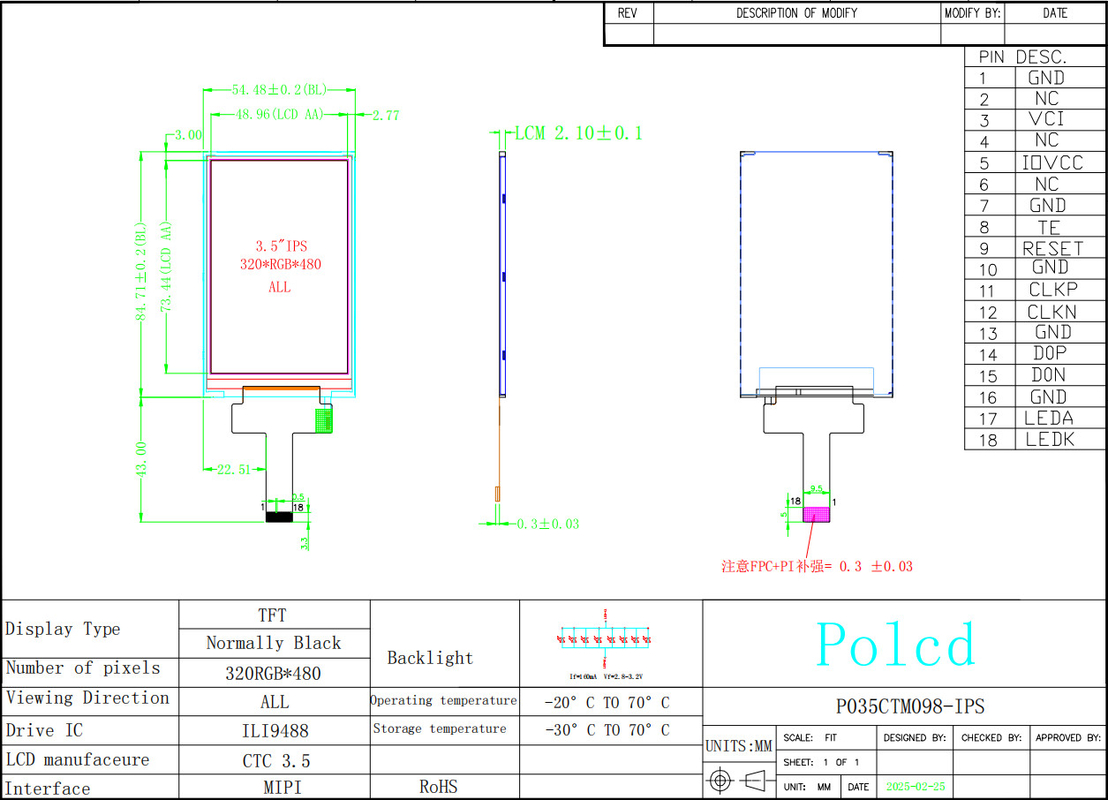 Polcd 3,5 cala IPS TFT LCD 320*480 Ili9488 Napęd Ic 600:1 Moduły wyświetlaczy LCD z kontrastem