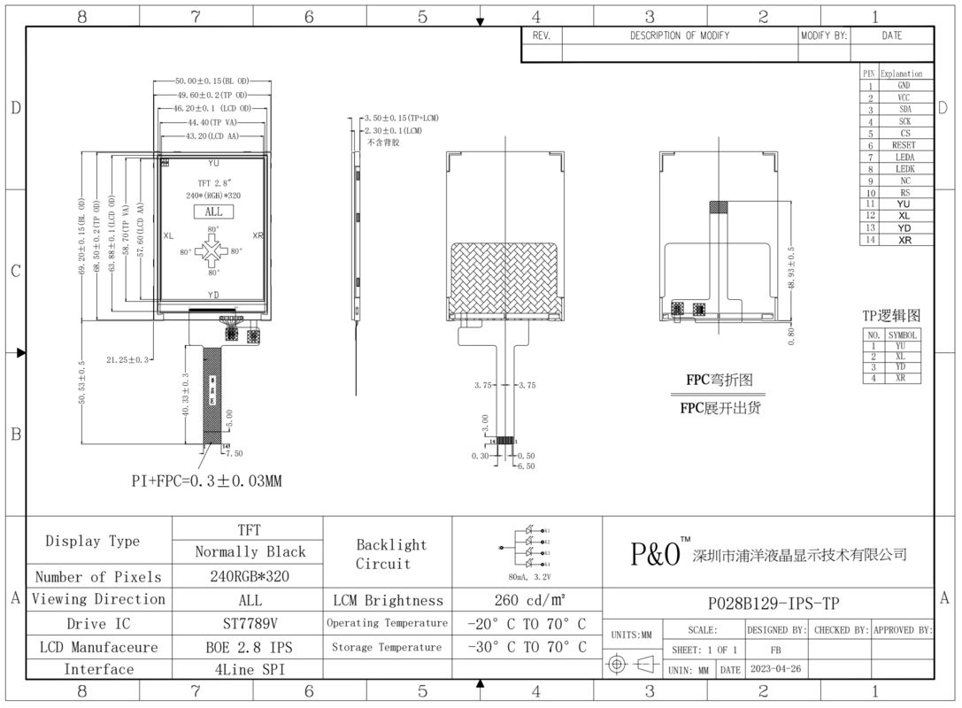 Polcd 2,8-calowy moduł wyświetlacza TFT LCD z 240*320 rozdzielczością SPI/RGB/MCU 14-pin interfejs