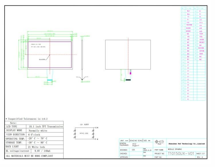 Rozdzielczość Polcd 1024X600 10,1-calowy wyświetlacz LCD EK79001 Moduł wyświetlacza Tft 750 nitów