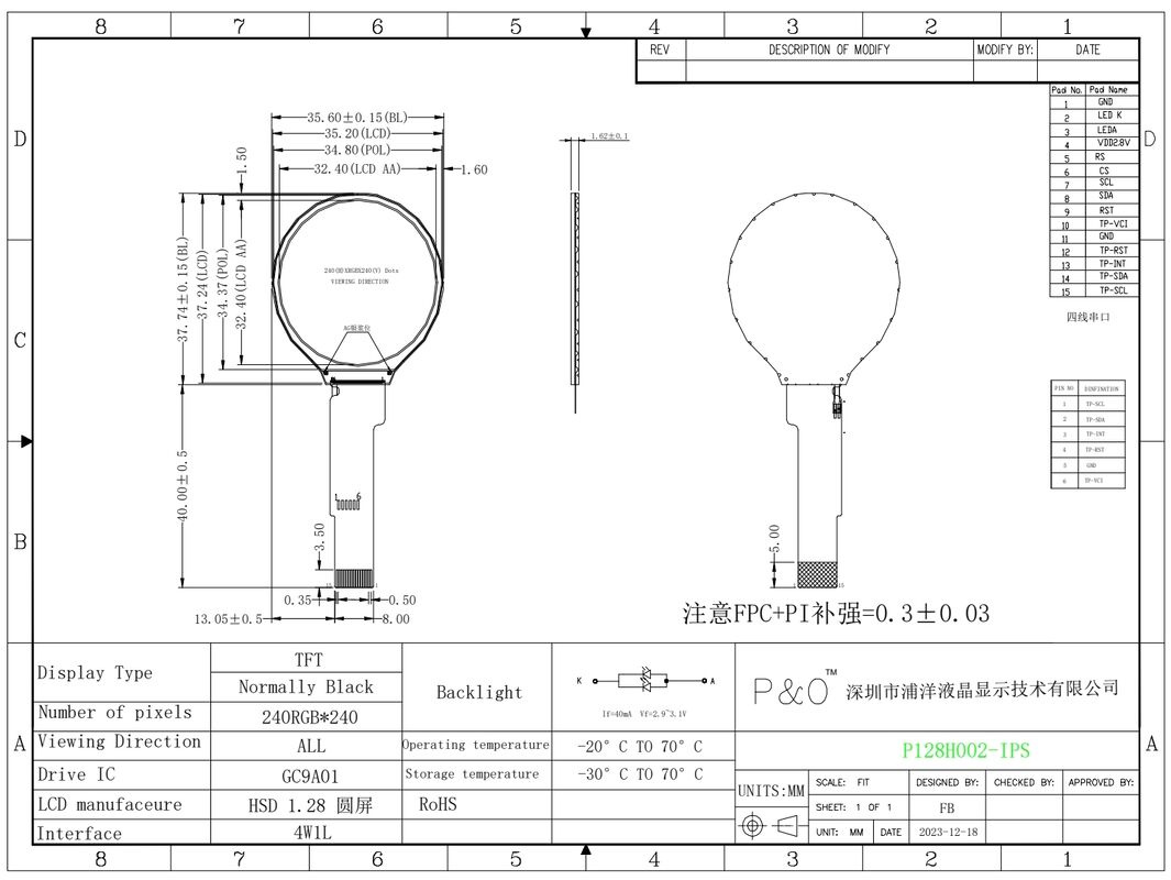 Polcd Mały okrągły 1,28 cali ekran LCD 240*240 1,3 cali Interfejs IPS Spi Panel modułu LCD Tft