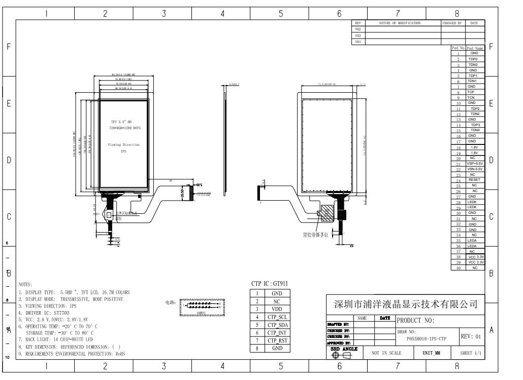 Polcd 5.5 inch TFT Module 750x1080 Resolution Touch Panel Screen MIPI Interface 40 pin IPS View Angle TFT LCD Display