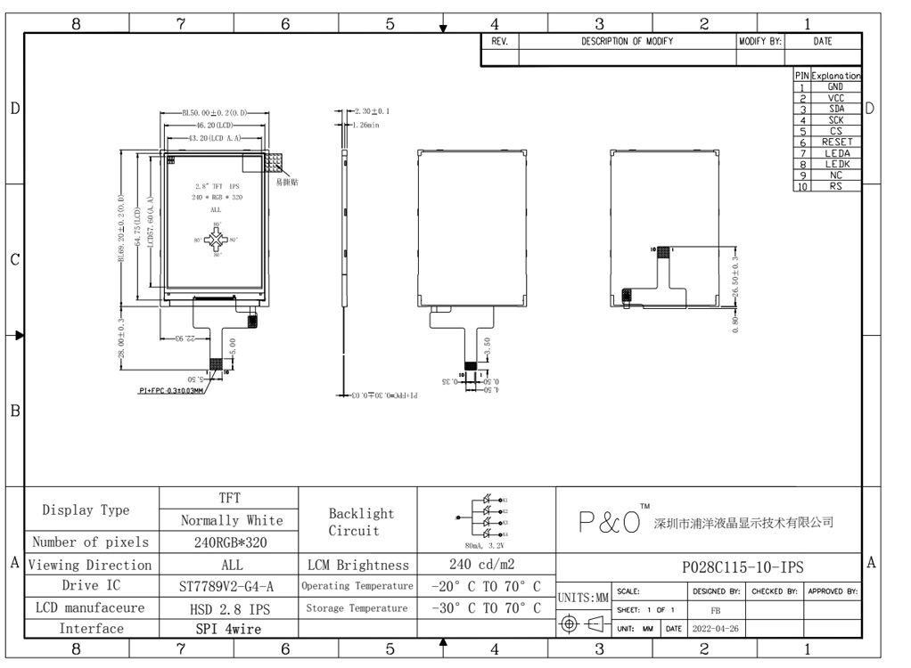 Polcd 2,8 cala Ekran IPS Moduł LCM 240x320 SPI Interfejs ST7789V Wysokiej jasności TFT LCD