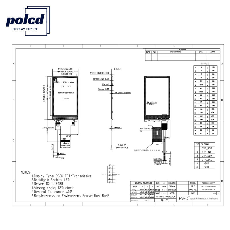 Polcd ST7796S 3.5 Wyświetlacz LCD Tft Rgb RoHS 18-bitowy wyświetlacz LCD do zastosowań medycznych